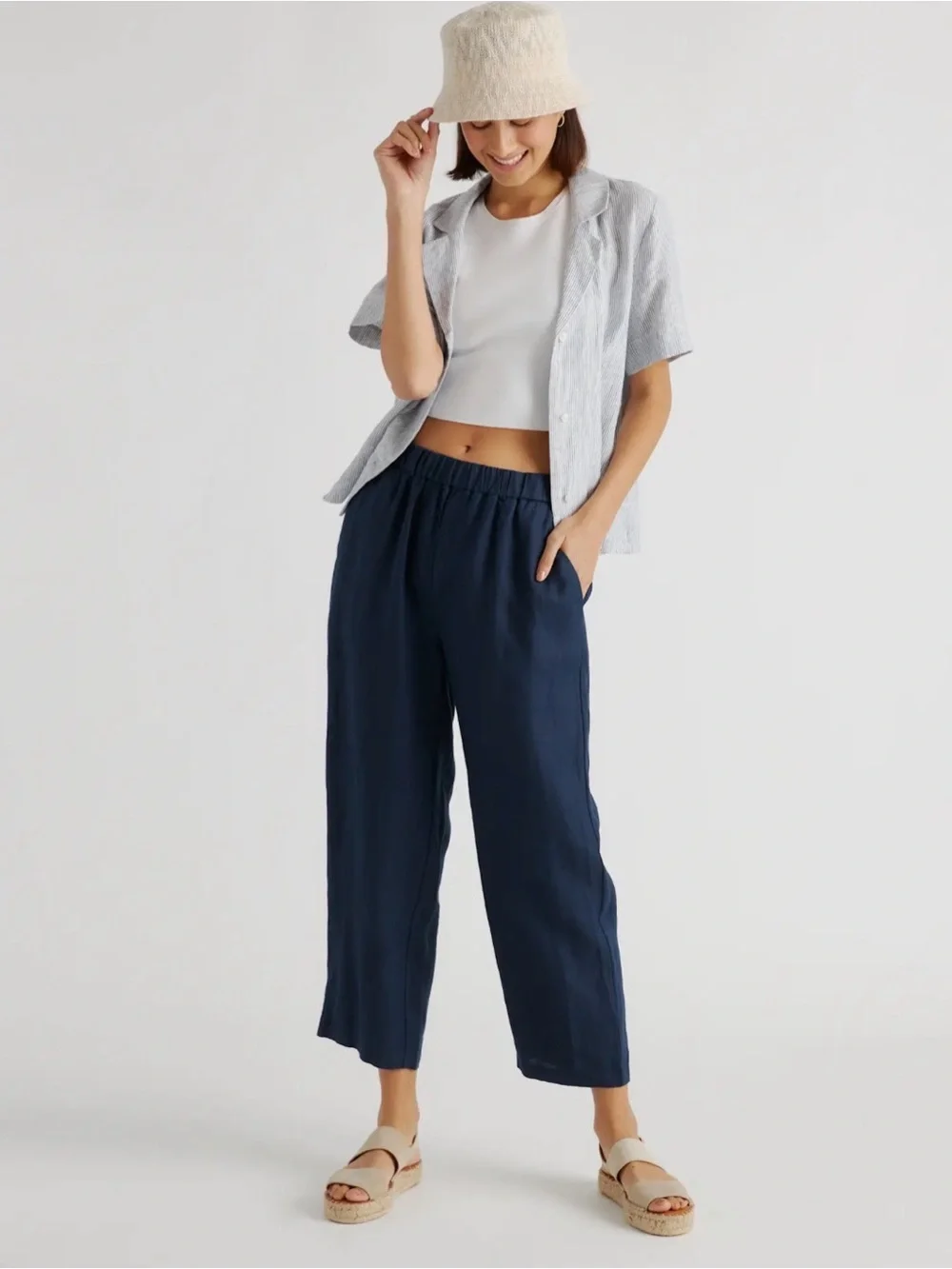 Quince 100% European Linen Pants, M, Deep Navy color
